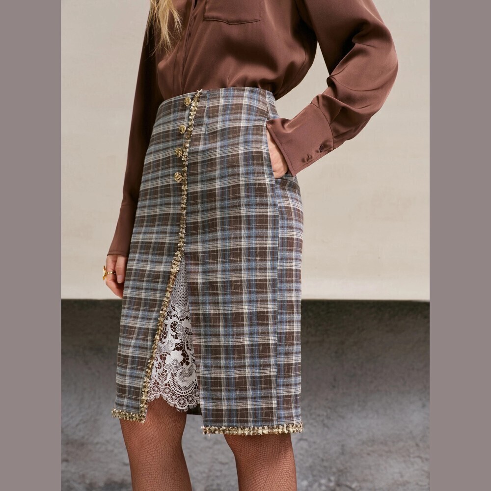 Brown / Blue Plaid Lace Trim Button Front Slit Pencil Midi Skirt